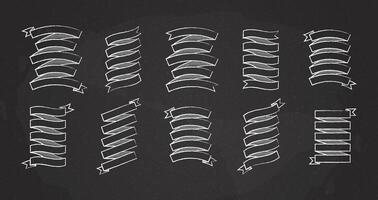 Chalk outline ribbon template banner collection illustration. Big collection of different shapes white chalk style ribbons and curved labels with empty space for message, isolated on blackboard vector