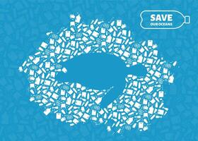 Plastic trash planet pollution concept illustration. Turtle marine reptile silhouette cut in plastic garbage flat icon patch. Prevent ocean pollution concept, marine animal life damage banner. vector