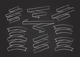 Chalk contour blank label ribbon set illustration. Big collection of different shapes white chalk style ribbons and curved labels with empty spaces for message, isolated on blackboard vector