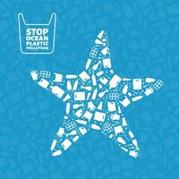 Stop ocean plastic pollution concept illustration. Starfish marine animal silhouette filled with plastic garbage flat icons. Global environmental problem, prevent ocean pollution concept vector