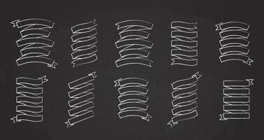Chalk stroke blank label ribbon set illustration. Vintage design white chalk style ribbon labels and curved scroll flags with blank space for premium offer advertising or celebration marketing vector