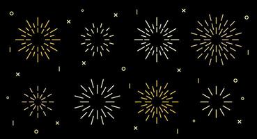 Sparkle star shape art deco fireworks burst pattern collection. Gold star shaped firecracker pattern collection isolated on black background with rays and trails. Carnival celebration fireworks burst vector