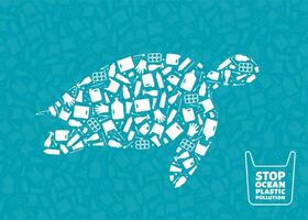 Plastic waste ocean environment problem concept illustration. Turtle marine reptile outline filled with plastic trash flat icons. Sustainable lifestyle graphic, environmental protection concept vector