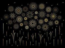 Abstract burst gold pattern fireworks set. Art deco star shaped firework pattern collection isolated on black background with rays and trails. Birthday party or carnival festive decoration, vector
