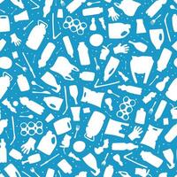 Plastic waste, ocean pollution seamless pattern illustration. Eco problem water pollution trash contour symbol seamless background. Earth day wallpaiper with single use plastic garbage icons vector
