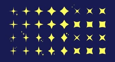 Star burst twinkle pattern icon set. Yellow star shaped sparkle pattern collection isolated on blue background. New year celebration decoration, birthday party festive graphic design vector