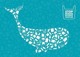 Plastic waste ocean environment problem concept llustration. Whale marine mammal silhouette filled with plastic garbage flat icons. Microplastic pollution problem, single use plastic crisis. vector