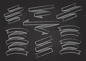 Chalk stroke ribbon banner set illustration. Big collection of different shapes white chalk style ribbons and curved labels with empty spaces for message, isolated on blackboard vector