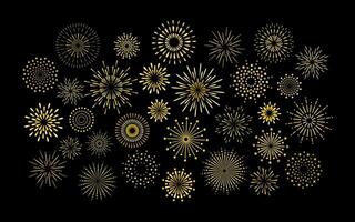 Sparkle art deco star shape fireworks burst pattern collection. Gold star shaped firework pattern isolated collection. Carnival celebration firecracker explosion, birthday party festive decoration. vector
