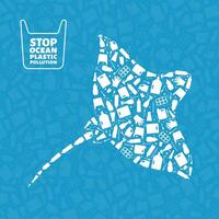 Plastic waste ocean environment problem concept llustration. Ray marine fish silhouette filled with plastic garbage flat icons. Microplastic pollution problem, single use plastic ecology crisis vector