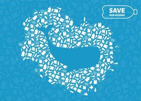 Plastic trash planet pollution concept illustration. Whale Ocean animal outline cut in plastic waste flat icon patch. Environmental protection concept, microplastic pollution problem graphic. vector