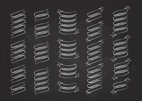Chalk contour label ribbon set illustration. Big collection of different shapes white chalk stroke ribbon and curved label with empty space for message, isolated on blackboard for special offer vector