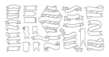 Hand drawn outline banner set. Collection of elegant hand drawn black contour banners with curved shapes and swirl ribbons isolated on white background for retro style design templates vector