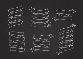 Chalk stroke blank label ribbon set illustration. Vintage design white chalk style curly ribbon labels and curved scroll flags or sticker banners with blank space for premium offer advertising vector