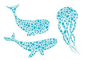 Stop ocean plastic pollution concept illustration. Marine animals outline set filled with plastic trash flat icons isolated on white background. Prevent ocean pollution ecology concept vector