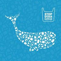 Plastic trash planet pollution concept illustration. Whale ocean mammal outline filled with plastic waste flat icons. Environmental protection concept, microplastic pollution problem graphic vector