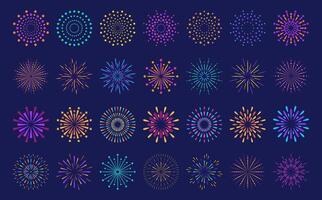 Abstract burst pattern fireworks set. Flat colorful star shaped firework geometric pattern collection isolated on blue background. Carnival celebration explosion, birthday party festive decoration, vector