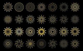 Star shape gold fireworks explosion pattern set. Flat art deco style star shaped firework pattern collection isolated on black background. Christmas festive graphic design, carnival shine decoration vector