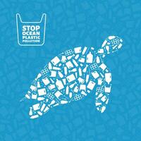 Plastic trash planet pollution concept illustration. Turtle marine reptile silhouette filled with plastic garbage flat icons. Prevent ocean pollution, marine animal life damage ecology concept vector