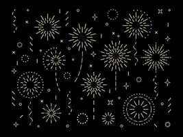 Abstract gold burst pattern fireworks set. Art deco star shaped firework pattern collection isolated on black background with rays and trails. Carnival celebration firecracker explosion, vector