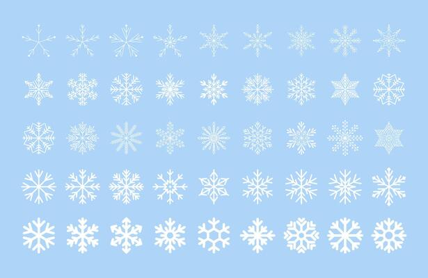 Icy snowflakes winter decoration collection illustration. Set of flat blue line snowflake icons on white background for new year celebration design or winter season festive ormament decoration
