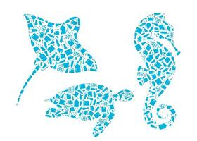 Microplastic trash planet pollution concept illustration. Marine animals outline set filled with plastic trash flat icons, isolated on white background. Single use plastic ecology crisis vector
