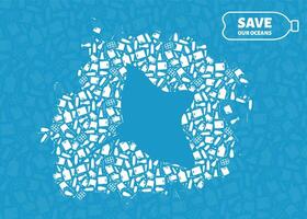 Plastic waste ocean environment problem concept llustration. Ray marine fish silhouette cut in plastic garbage flat icon patch. Microplastic pollution problem, single use plastic ecology crisis vector