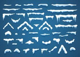 Snowcaps with snowflakes and icicles illustration collection. Horizontal and triangle white snow caps with icicle and snowflake isolated on blue background for winter ornament decoration vector