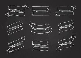 Chalk contour ribbon banner set illustration. Big collection of different shapes white chalk style ribbons and curved labels with empty spaces for message, isolated on blackboard vector