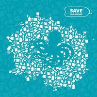 Plastic waste ocean environment problem concept llustration. Octopus marine mollusc silhouette cut in plastic garbage flat icon patch. Microplastic pollution problem, single use plastic crisis vector