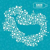 Stop ocean plastic pollution concept illustration. Whale ocean mammal outline cut in plastic waste flat icon patch. Underwater wildlife danger concept, global environmental problem banner. vector