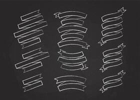 Chalk outline blank label ribbon set illustration. Chalk style curved shape white ribbons, scroll flags or curled labels with blank space for message, isolated on blackboard vector