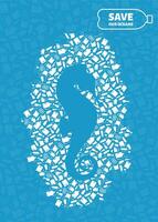 Stop ocean plastic pollution concept illustration. Seahorse marine fish silhouette cut in plastic garbage flat icon patch. Global environmental problem, prevent ocean pollution ecology concept. vector