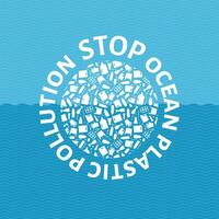 Stop ocean plastic pollution concept illustration. Circle globe filled with plastic trash flat icons and round sign. Prevent ocean pollution ecology concept, sustainable lifestyle graphic vector
