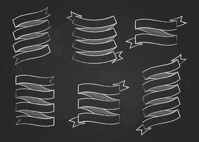 Chalk stroke ribbon template banner collection illustration. Chalk style curved shape white ribbons, scroll flags or curled labels with blank space for message, isolated on blackboard vector