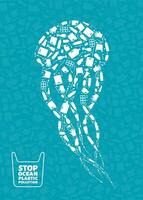 Plastic trash planet pollution concept illustration. Jellyfish ocean animal outline filled with plastic waste flat icon. Zero waste concept, microplastic pollution problem graphic. vector