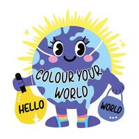 A flat sticker of a cute earth character with colour your world text vector