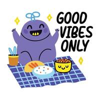 A flat sticker of a cute cartoon enjoying picnic party with good vibes only text vector