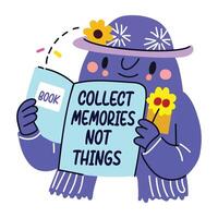 A flat sticker of a cartoon character holding memory book vector