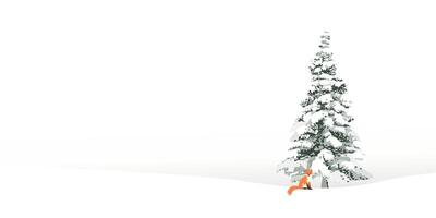 Minimalist snowscape have lonely pine tree and fox with white background graphic illustration. Merry Christmas and Happy New Year greeting card template have blank space. vector