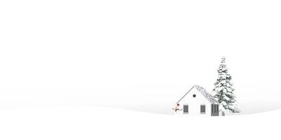 Minimalist snowscape have lonely pine tree, log cabin and snowman with white background graphic illustration. Merry Christmas and Happy New Year greeting card template have blank space. vector