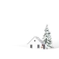 Minimalist snowscape have lonely pine tree, log cabin and snowman with white background graphic illustration. Merry Christmas and Happy New Year greeting card square template have blank space. vector