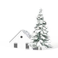 Minimalist snowscape have lonely pine tree and log cabin with white background graphic illustration. Merry Christmas and Happy New Year greeting card square template have blank space. vector