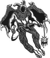 engraving illustration chimera warrior. Bony wings, horns, and a deep, cosmic facial cavity. Wielding a sickle and spiked battle pose vector