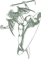 A hand-drawn crosshatch and engraving illustration of a dark sage demon surfing while brandishing a spear. vector