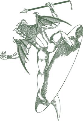 A hand-drawn crosshatch and engraving illustration of a dark sage demon surfing while brandishing a spear.