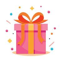 Illustration of pink gift with bright orange bow and ribbon placed on pink background near confetti vector