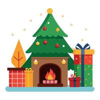 View of the room with a fireplace. Festive decorations and a Christmas tree. vector