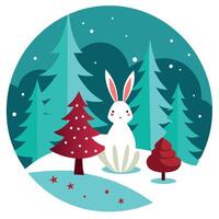 Rabbit in the winter forest christmas background color art vector