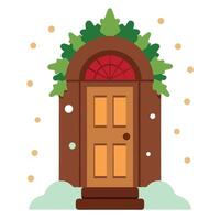 Wooden front door with christmas wreath and snow on it vector